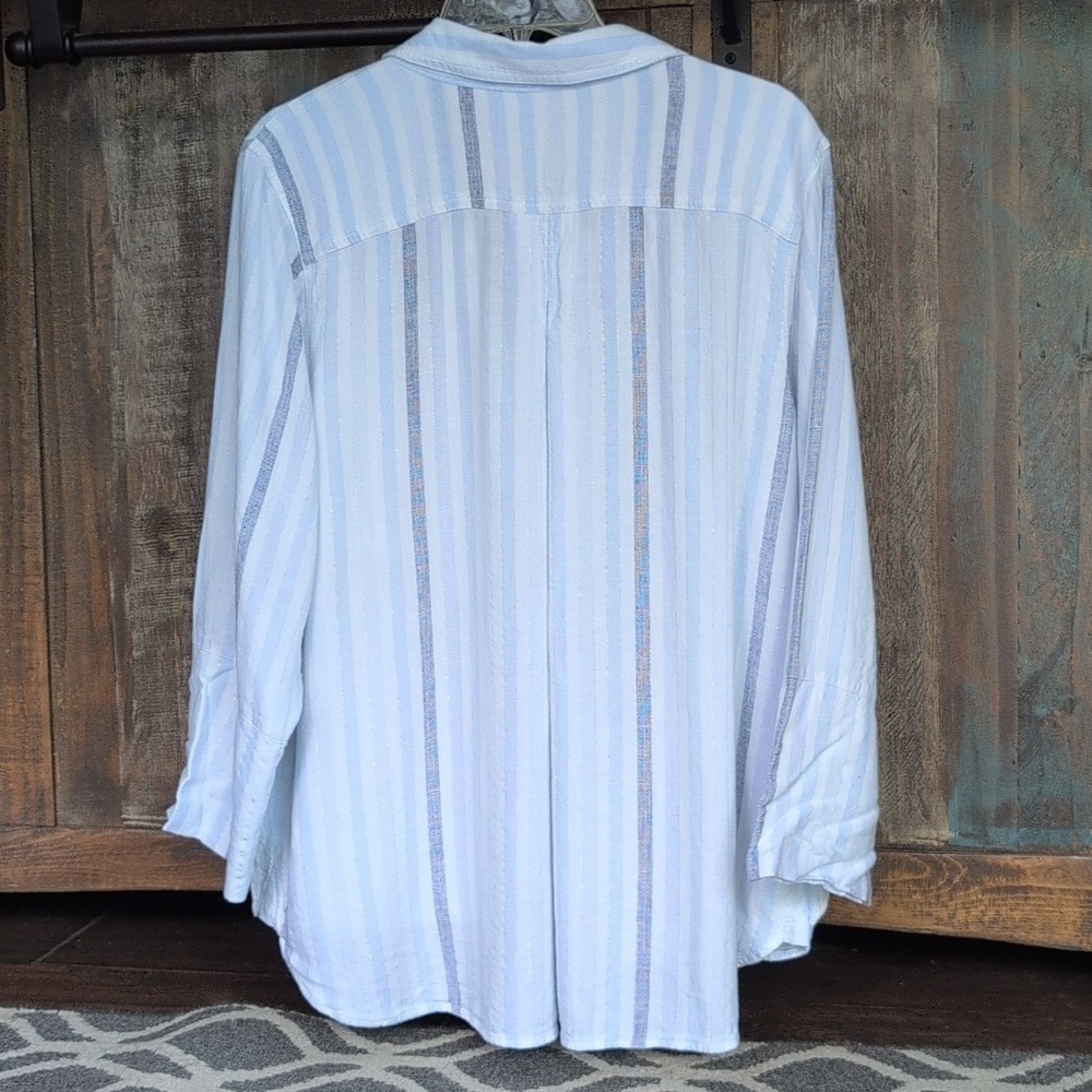 Side Stitch Linen Blend Blue & Metallic Striped Button Down - Women's Large - Picture 4 of 5